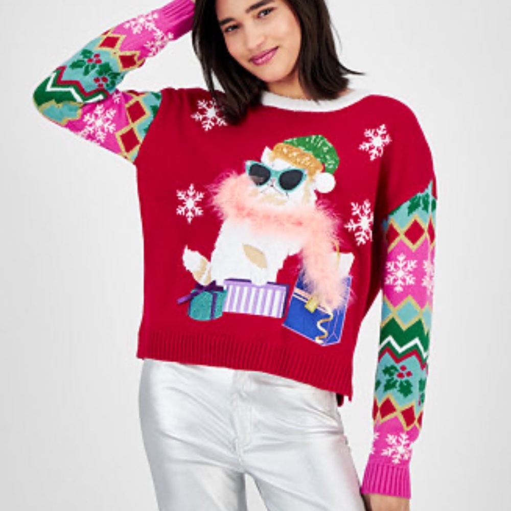 Juniors' Glam Cat Christmas Sweater Size Large